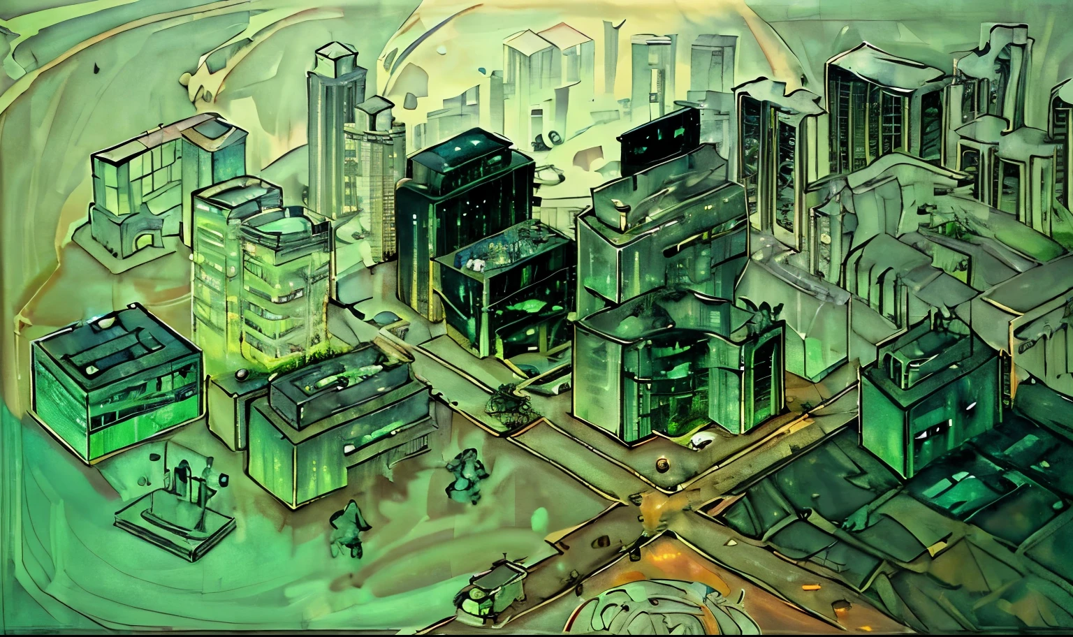 architecture，modern，Science Fiction，green，High-rise，bustling