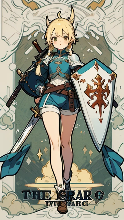 Victorian style, British background, whole body圖, figure, Standing image,whole body，figure设定图，Three views of charactermorpg，blonde，Oversized double braids，Swordsman，1 girl，Loli body type，Cheerful personality，holding shield and sword，Adventure outfits，shorts，Armor。