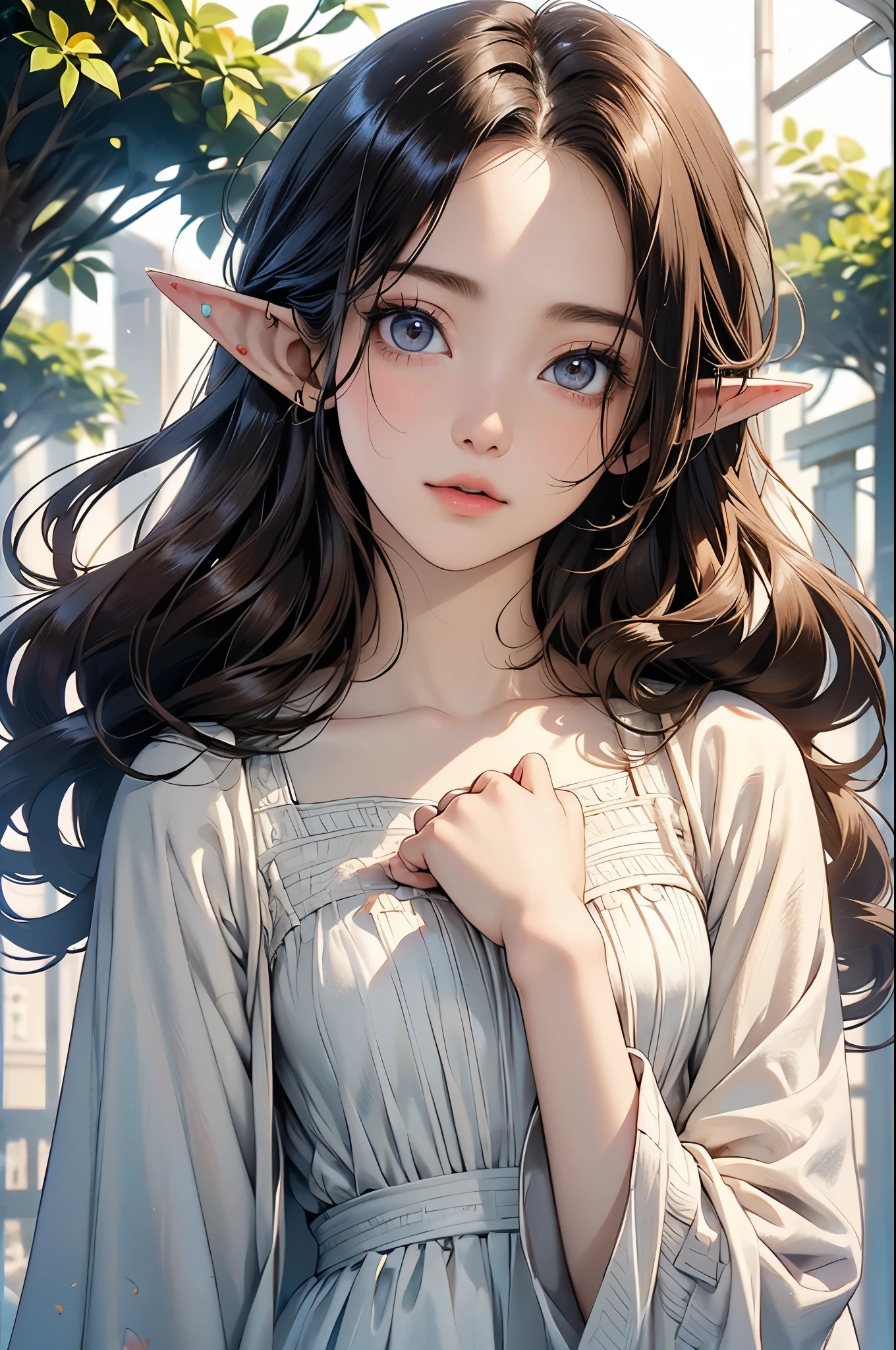 ((Biologically correct limb count))、(( A full-body illustration from toes to face))、4K、Masterpiece、((Eyes with delicate depictions、Detailed depiction of faces、Focus on the face))、((Symmetrical, well-proportioned facial features))、Beautiful woman、Outstanding style、Beautiful clavicle、Beautiful legs、Beautiful Hands、Slender Body、(Red Shirt、skirt、High heels)、Looking up、High angle、The background is a beautiful park with flowers、((Walking posture))、Brown Hair、(((Close-up photo of the upper body)))、Elf、