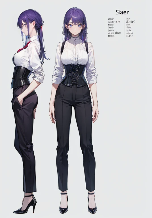 Purple hair,Long hair,Adult female,Bartender,((Rolling up your sleeves shirt)),(Corset),(slacks),High heels,((Simple background)),Smile,((Full body)),((whole body)),Character Sheet,