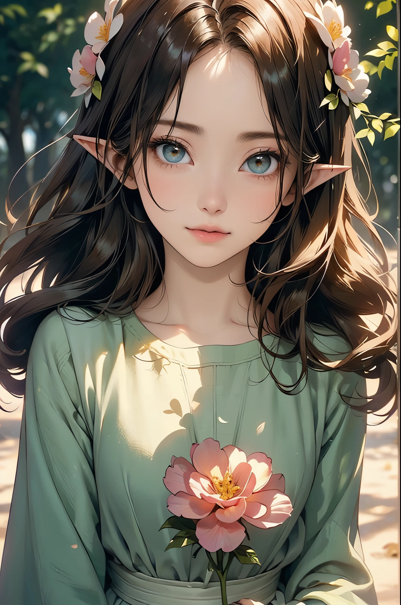((Biologically correct limb count))、(( A full-body illustration from toes to face))、4K、Masterpiece、((Eyes with delicate depictions、Detailed depiction of faces、Focus on the face))、((Symmetrical, well-proportioned facial features))、Beautiful woman、Outstanding style、Beautiful clavicle、Beautiful legs、Beautiful Hands、Slender Body、(Green Shirt、skirt、High heels)、Looking up、High angle、The background is a beautiful park with flowers、((Walking posture))、Brown Hair、(((Close-up photo of the upper body)))、Elf、
