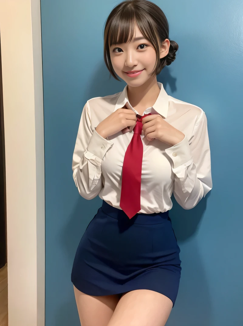 (highest quality、8k、32k、masterpiece、Hmph:1.2)、sexy、16 years old、Cute Japanese Women Photos、Twin tails、thin、slender、2 girls、(Bobcut)、(Small Tits)、double eyelid、 White open front shirt、Red tie、You can see her underwear faintly、Navy blue mini skirt、Thighs、Light blue wall、whole body、smile、sexy