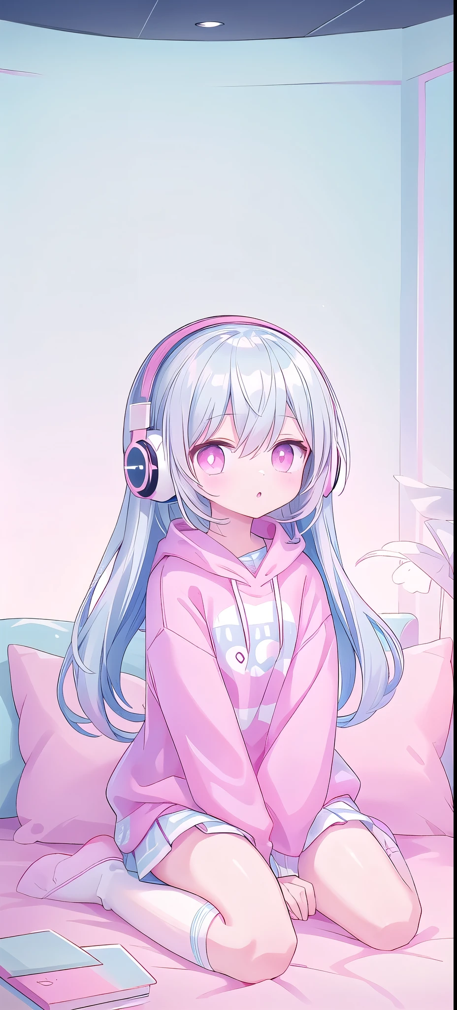 ,White knee socks,Long light blue hair,Pink and white sweatshirt,Pink Eyes,blue headphones