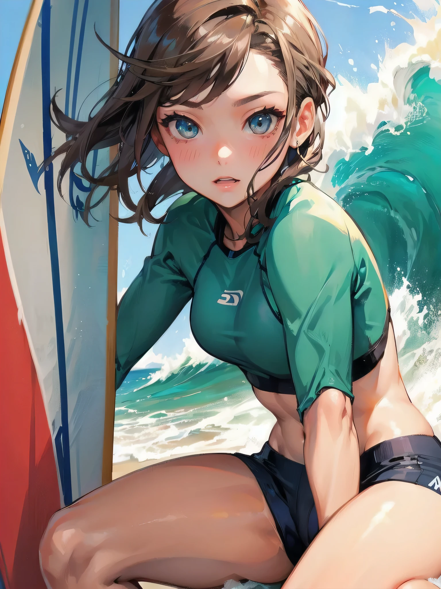 masterpiece, (textured skin), best quality, gorgeous beautiful girl, (a female surfing athlete), detailed clothes,large breasts,narrow waist,, (beautiful face), cinematic lighting, (at surfing venue ),