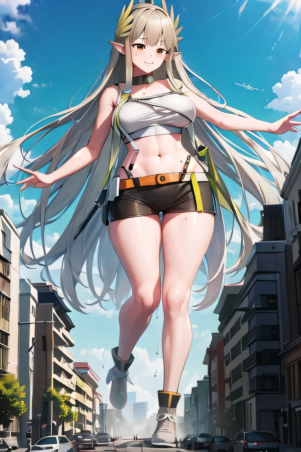 ((giantess)), 1 rapariga, Muelsyse_arknights, Woman destroying a city, Big cities, Glass building, Pleasure, Long legs, Sweat, Falling sweat, giga giantess, blue sky, (hugebreast), Curvaceous, smile, Background of the metropolis, fullbody, Destroyed City, Dust, anime, panorama, best quality, masterpiece, highres,navel,