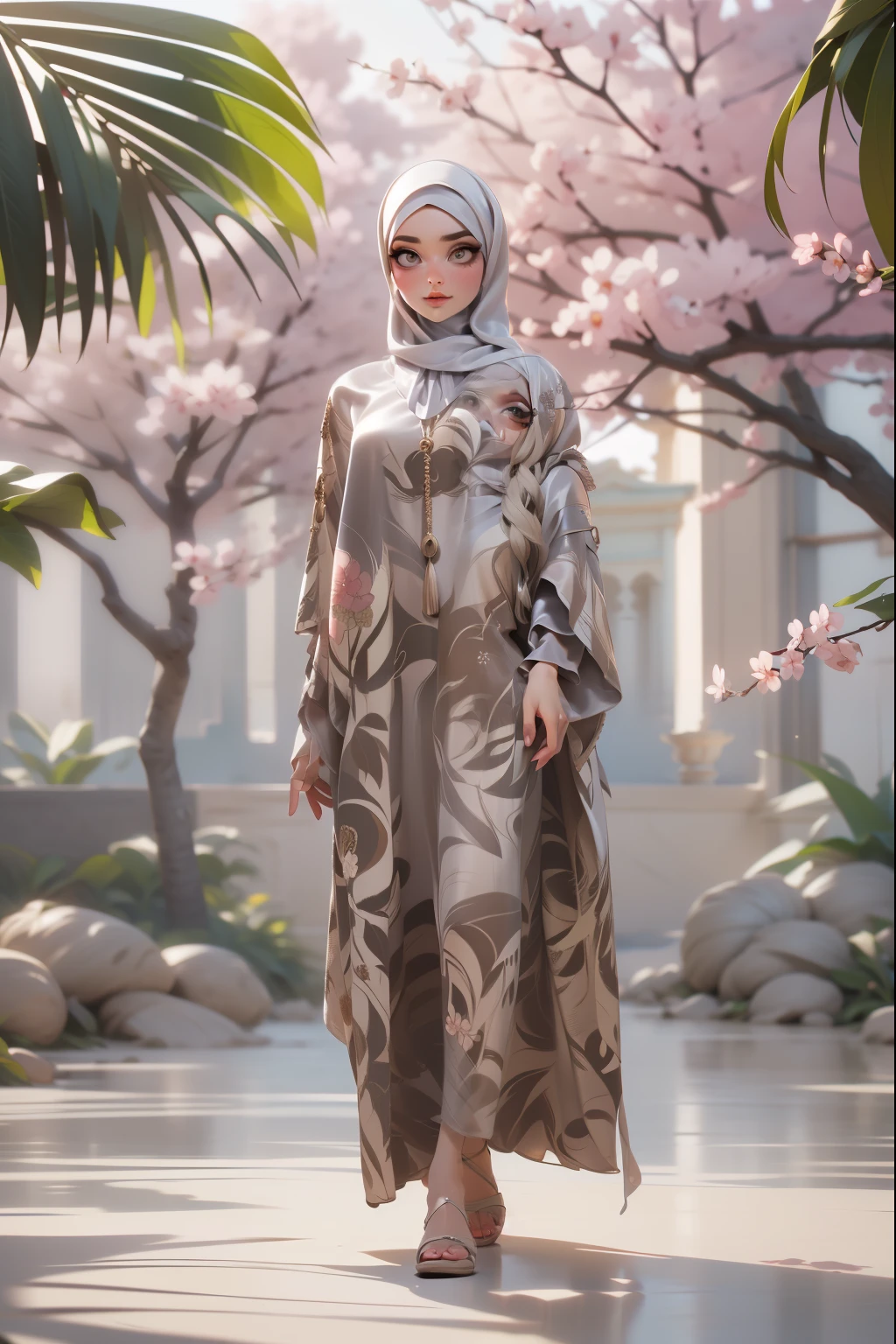 3DMM, ((Masterpiece, best quality, photography, detailed skin, realistic, photo-realistic, 8k, highly detailed, full length frame, High detail RAW color art, diffused soft lighting, shallow depth of field, sharp focus, hyperrealism, cinematic lighting, hijab, a woman in a beautifully makeup, eyeshadow, beautiful big eyes, ((Brown eyes)), long eye lashes, wearing (Taupe satin hijab), loosely tide hijab style, ((gray satin caftan)), dancing under tree, sakura garden