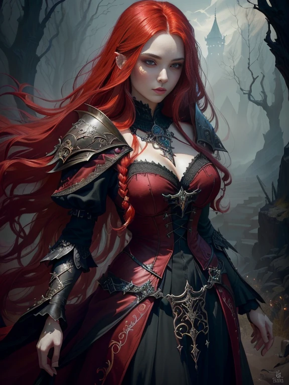 Close-up of a woman with long red hair in a dress, dark Fantasy style art, gothic fantasy art, Fantasy style art, Fantasy art style, epic Fantasy style art, epic Fantasy art style, Fantasy Art Behance, 4k fantasy art, Dark Fantasy Art, fantasy victorian art, Detailed fantasy art, Epic fantasy digital art style, epic Fantasy art style hd