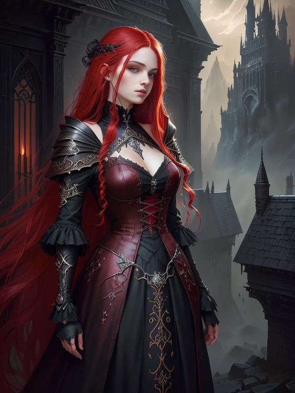 Close-up of a woman with long red hair in a dress, dark Fantasy style art, gothic fantasy art, Fantasy style art, Fantasy art style, epic Fantasy style art, epic Fantasy art style, Fantasy Art Behance, 4k fantasy art, Dark Fantasy Art, fantasy victorian art, Detailed fantasy art, Epic fantasy digital art style, epic Fantasy art style hd