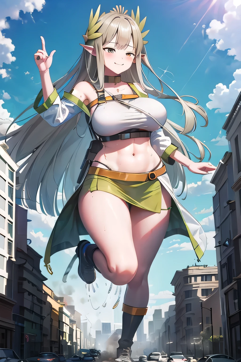 ((giantess)), 1 rapariga, Muelsyse_arknights, Woman destroying a city, Big cities, Glass building, Pleasure, Long legs, Sweat, Falling sweat, giga giantess, blue sky, (hugebreast), Curvaceous, smile, Background of the metropolis, fullbody, Destroyed City, Dust, anime, panorama, best quality, masterpiece, highres,navel,