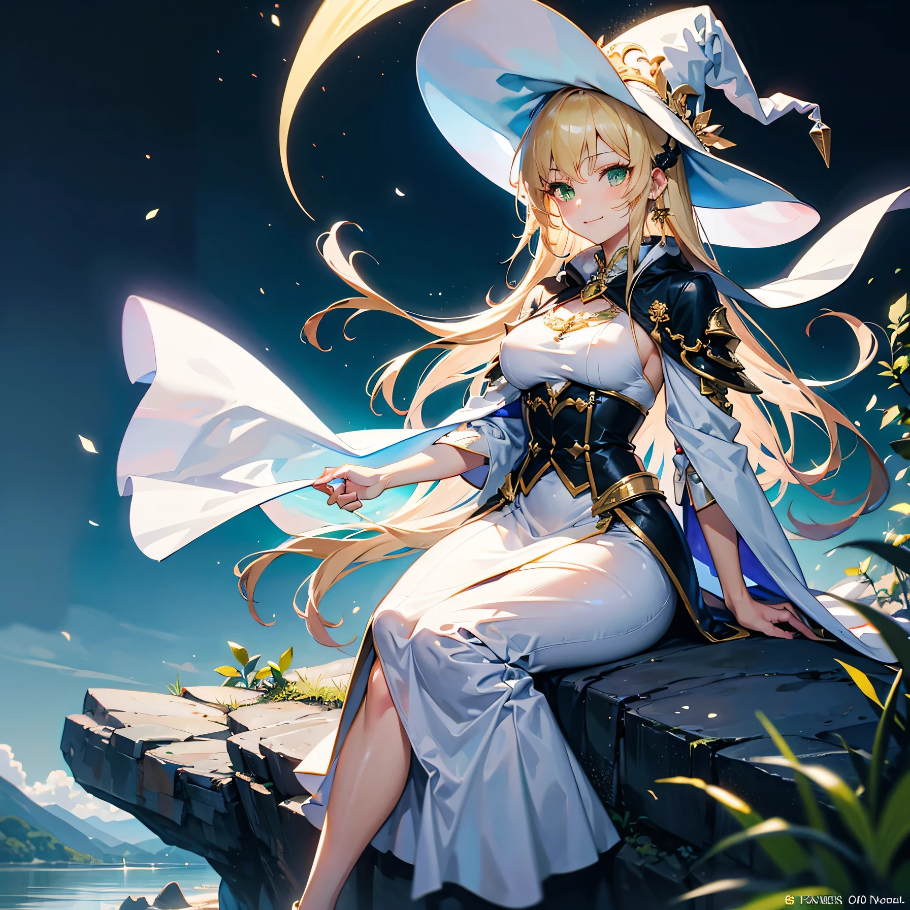Anime Moe Art Style,highest quality,High resolution,Anatomically correct,One Woman,Twenty years old,Blonde,Super long hair,Straight Hair,Green Eyes,Super detailed,Fantasy Style,witch,White hat with gold trim,White cloak with gold trim,Black long dress,Long skirt,Medium sized breasts,Calm expression,smile,Riverside,Sitting on a rock,Beautiful posture,8K