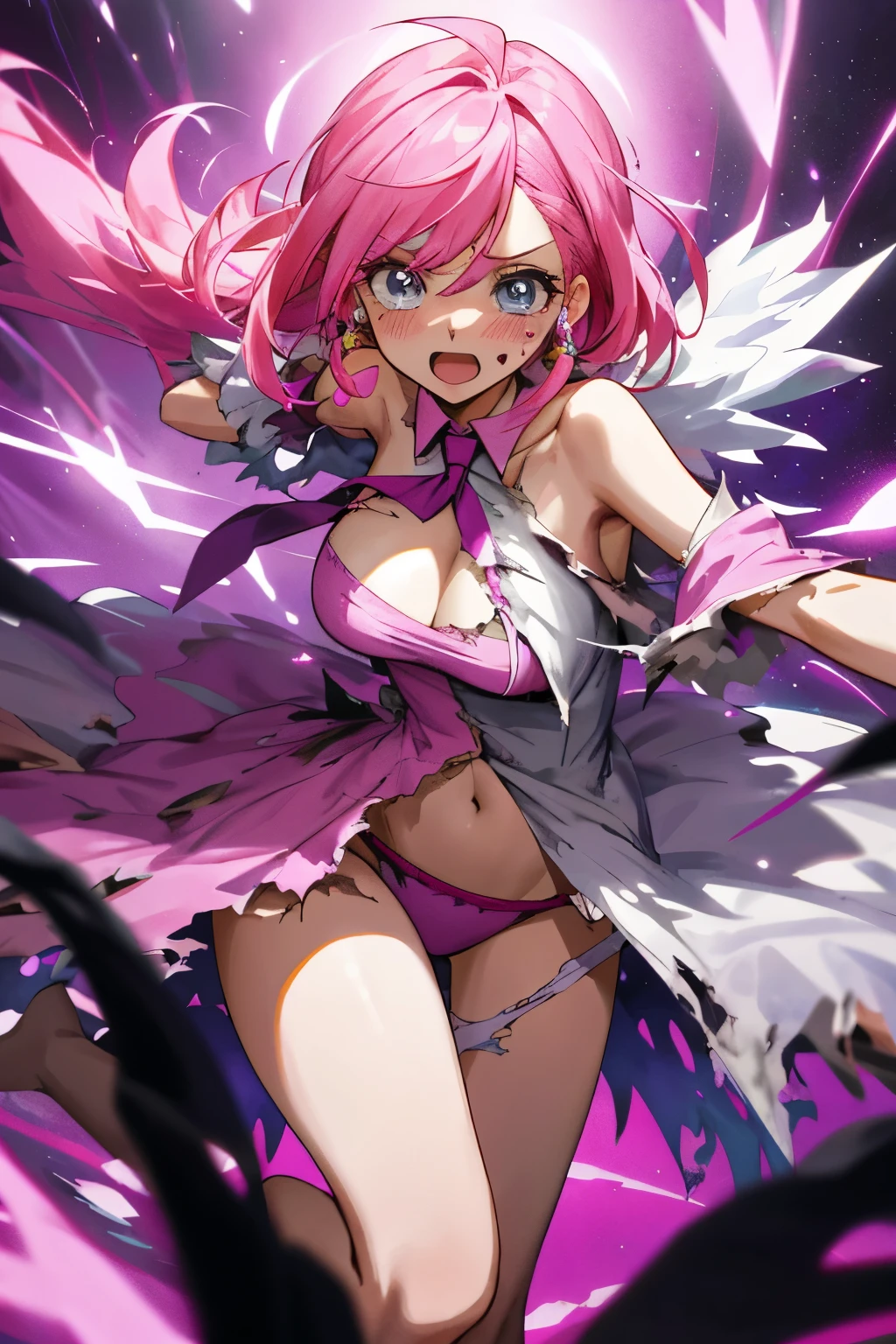 solo sexy magical girl ,magical dress, idol dress, battle dress, precure style dress, colorful pallete dress, 25 age old, breast focus , (badly torn clothes:1.3),(completely torn clothes:1.3), necktie, full face blush, dynamic pose:1.5,screaming, surprised, Bare navel, Bare shoulder, Full breasts, {{{large breasts}}},open clothes, torn panty, scorn , pink hair, tears:0.9, hold magical cepter:1.5, spotlight
