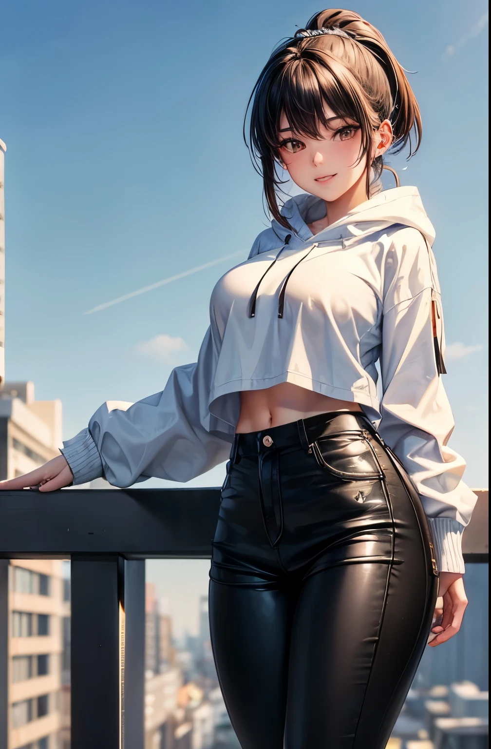 ((best quality)), ((masterpiece)), (detailed), perfect face,(18 years old),(beautiful girl), ponytail,(blackes Braun hair), cute smile (looking at vivers) on a streat road,( full body view),(detailed lips), perfect head ,(detailed face), wers a white hoodi black Stiles short pant that reaches nee, heads in hoodi pocket,(huge breasts),(perfect girl), Korean girl