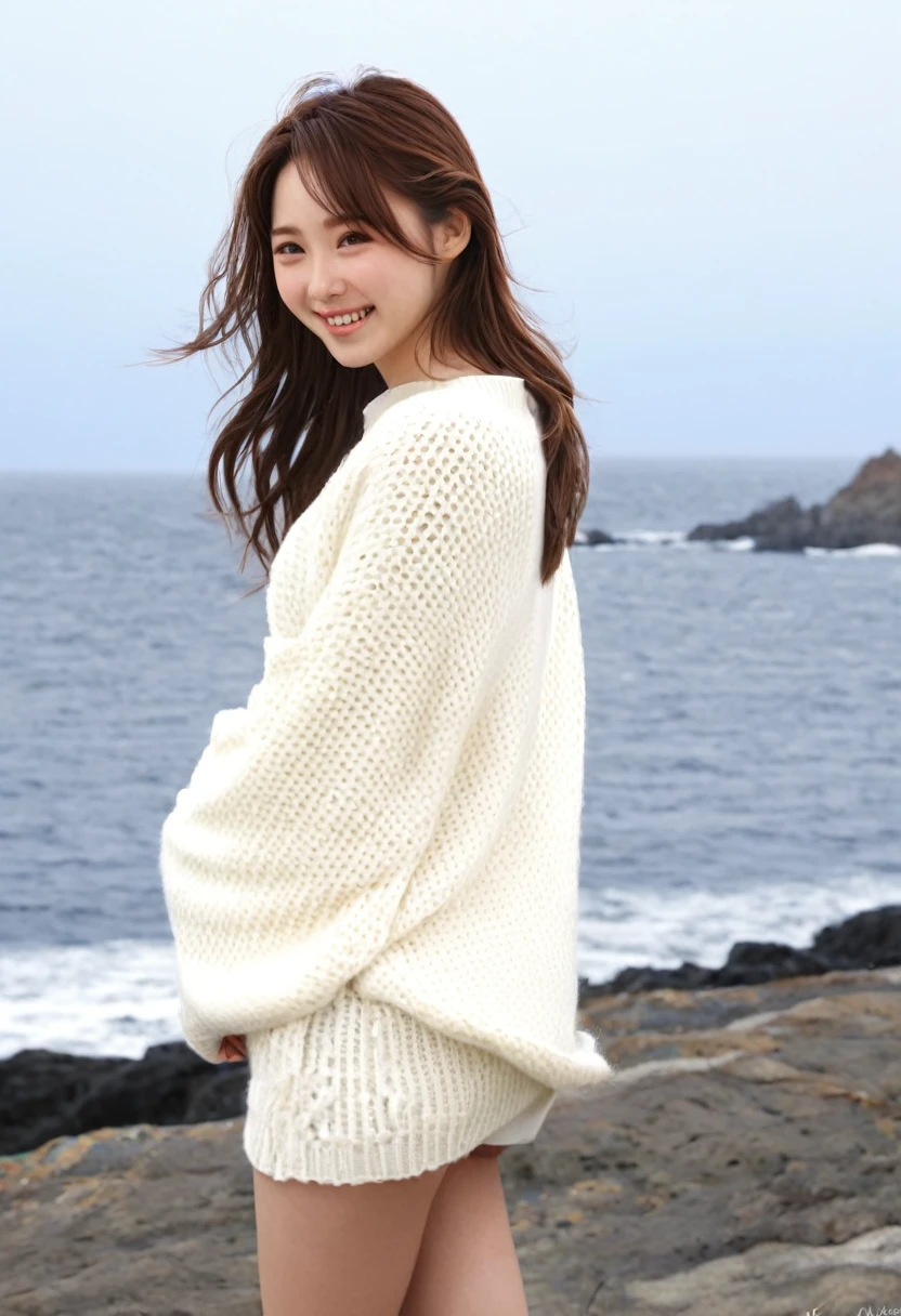 whole body,white wool sweater,1 girl,alone,Japanese、Beauty、Brown Hair、long hair、coastal、smile、fine、Tear bags、The wind is blowing、
(8k, RAW Photos, highest quality, masterpiece:1.3),(Realistic, photo-Realistic:1.37),Realistic skin texture,(photoRealistic:1.3),(hyperRealistic:1.2),