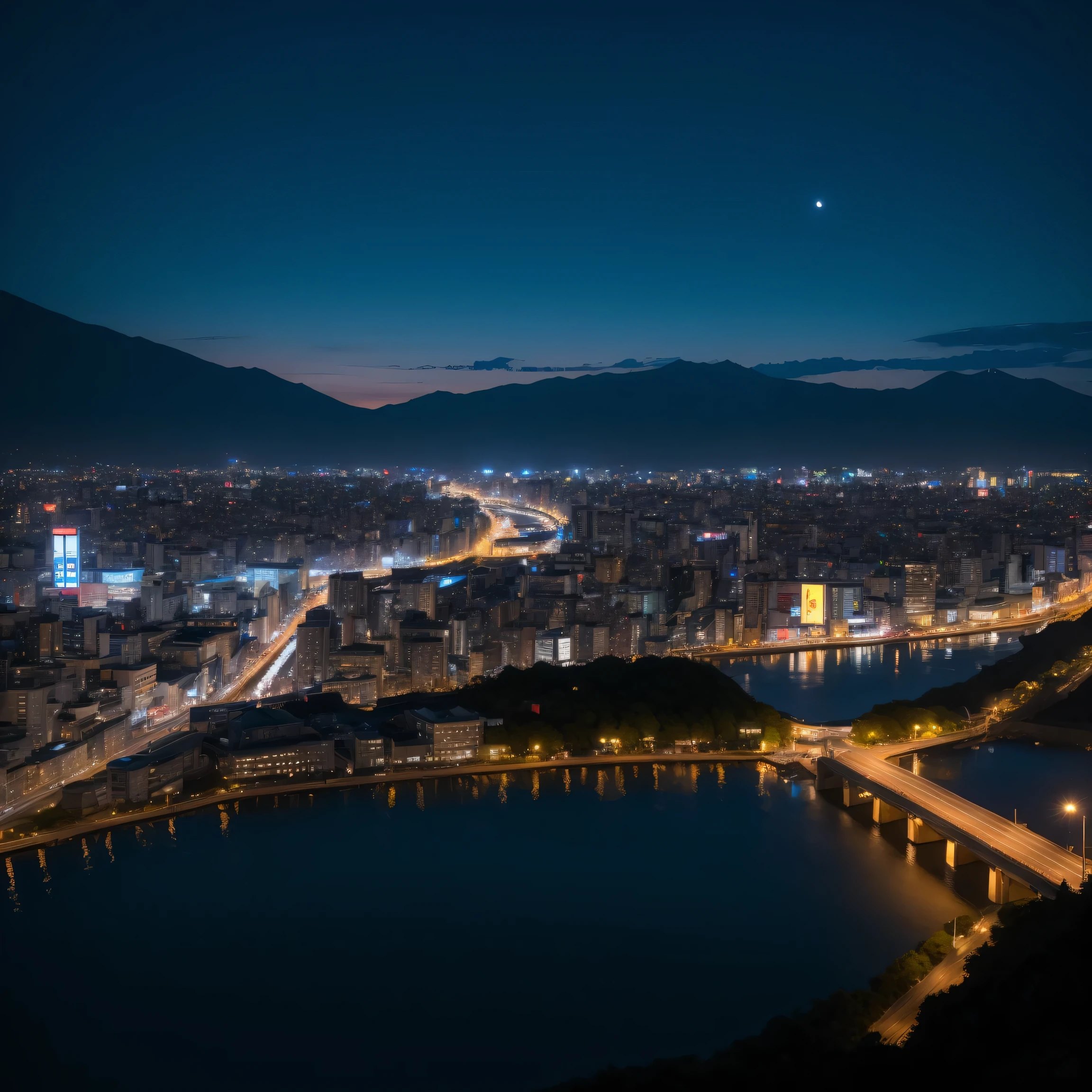 Japan、hot spring、hostel、night、night scene、Shot from the ground、river、Mountain、masterpiece、highest quality、Attention to detail、8k、Sharpness