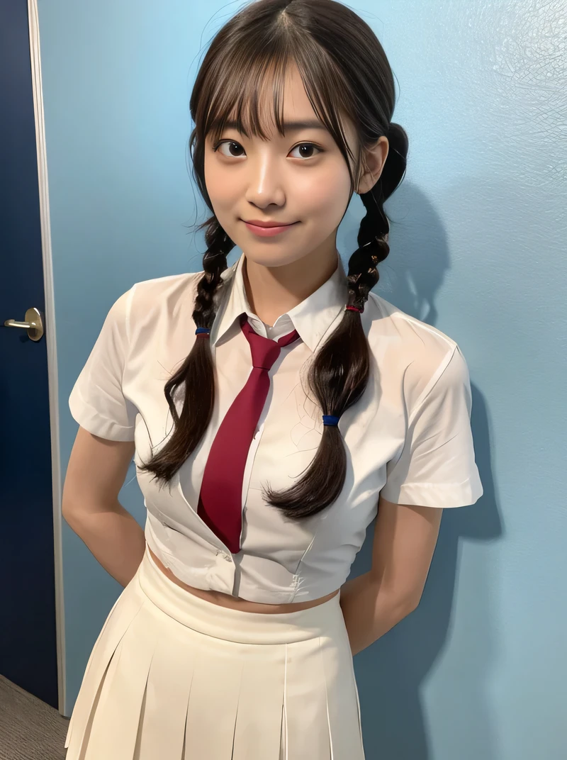 (highest quality、8k、32k、masterpiece、Hmph:1.2)、sexy、15 years old、Cute Japanese Women Photos、Twin tails、thin、slender、2 girls、(Bobcut)、(Small Tits)、double eyelid、 White open front shirt、Navy blue tie、You can see her underwear faintly、Red mini skirt、Thighs、Light blue wall、whole body、smile、sexy