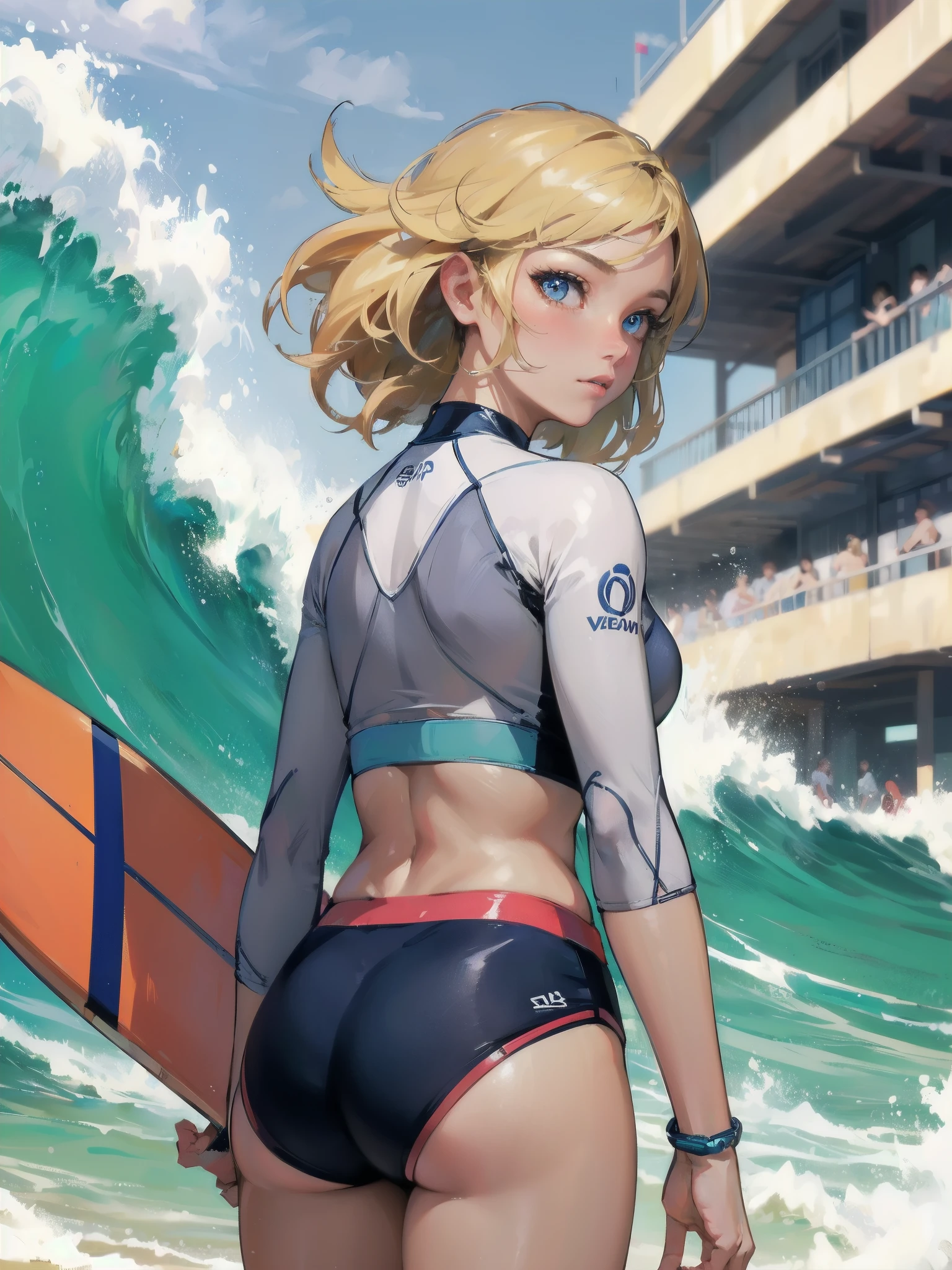 high quality,HD,16k,sharp lines,1 girl,Female surfing athlete ,cute face, large breasts, nice legs,At the surfing venue,focus girl,detailed beautiful face,detailed clothes,beautiful eyes,cool,dynamic angle
