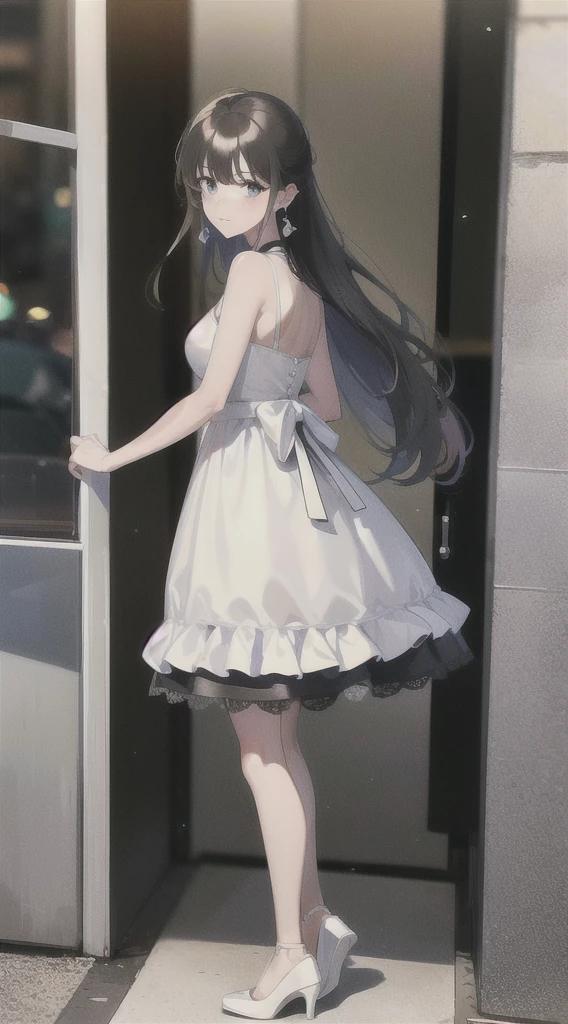 1 woman, black hair, blue pupils, delicate face, cute, love earrings, white dress, standing in front of the police station, surreal