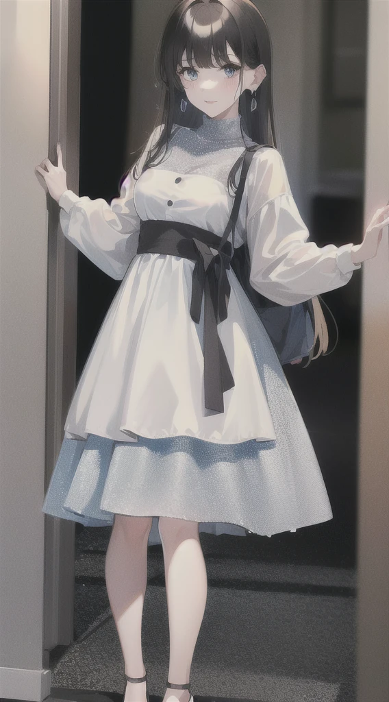 1 woman, black hair, blue pupils, delicate face, cute, love earrings, white dress, standing in front of the police station, surreal