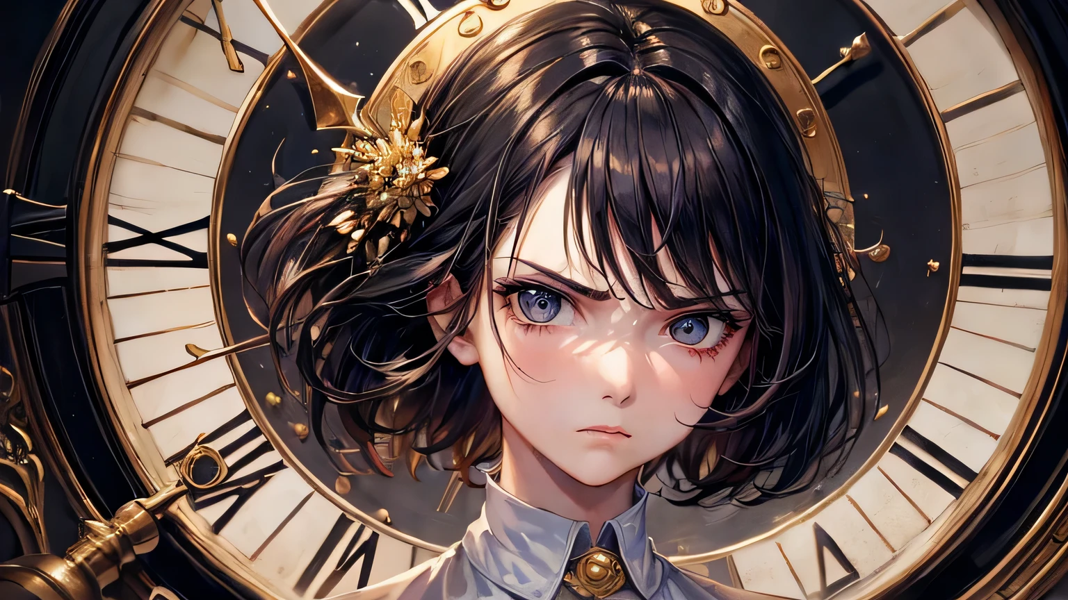 (oil, masterpiece, highest quality, Super detailed, Focus on the characters), One female,Angry expression,,Detailed hair depiction,([return:0.8]|[ face facing returnwards:1.1]), ,clock,([High School Scenario:1.2]|[ ground:1.3]| [High Contrast:1.1])  