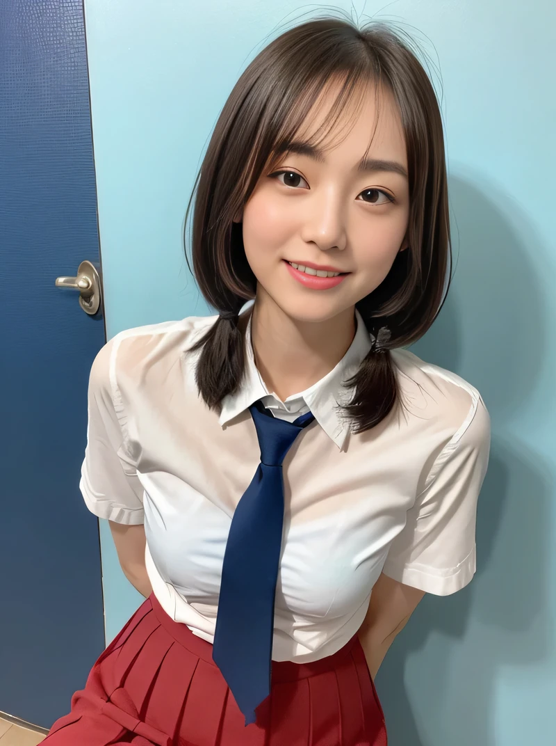(highest quality、8k、32k、masterpiece、Hmph:1.2)、sexy、、Cute Japanese Women Photos、Twin tails、thin、slender、2 girls、(Bobcut)、(Small Tits)、double eyelid、 Navy blue open front shirt、Red tie、You can see her underwear faintly、Red mini skirt、Thighs、Light blue wall、whole body、smile、sexy