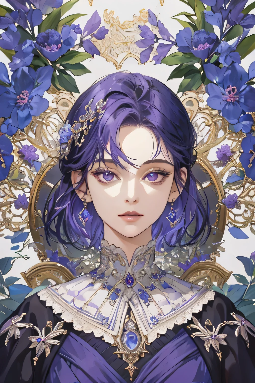 (extreamly delicate and beautiful:1.2), 8K,(masterpiece:1.0),(best_quality:1.0), 1 girl, and intricate detailing, Enlarged textures, and intricate detailing, finely eye and detailed face, and intricate detailing, purple blue short hair, (closed mouths), Perfect eyes, Equal eyes, purple eyes (A famale god) with classic blue sky yunani romawi, look at camera, look 50 years old, 