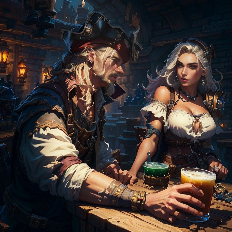 Pirate and woman drinking beer at a bar, pirates in a Shoulder strap, Shoulder strap background, fantasy Shoulder strap background, Tyler Edlin Fantasy Art, Surreal d & d Fantasy Art, Shoulder strap, Hearthstone concept art, Hearthstone card artwork, Hearthstone Artwork, grog strongjaw, in a medieval Shoulder strap at night, Hearthstone card game artwork, Hearthstone Art, by Johannes Helgeson