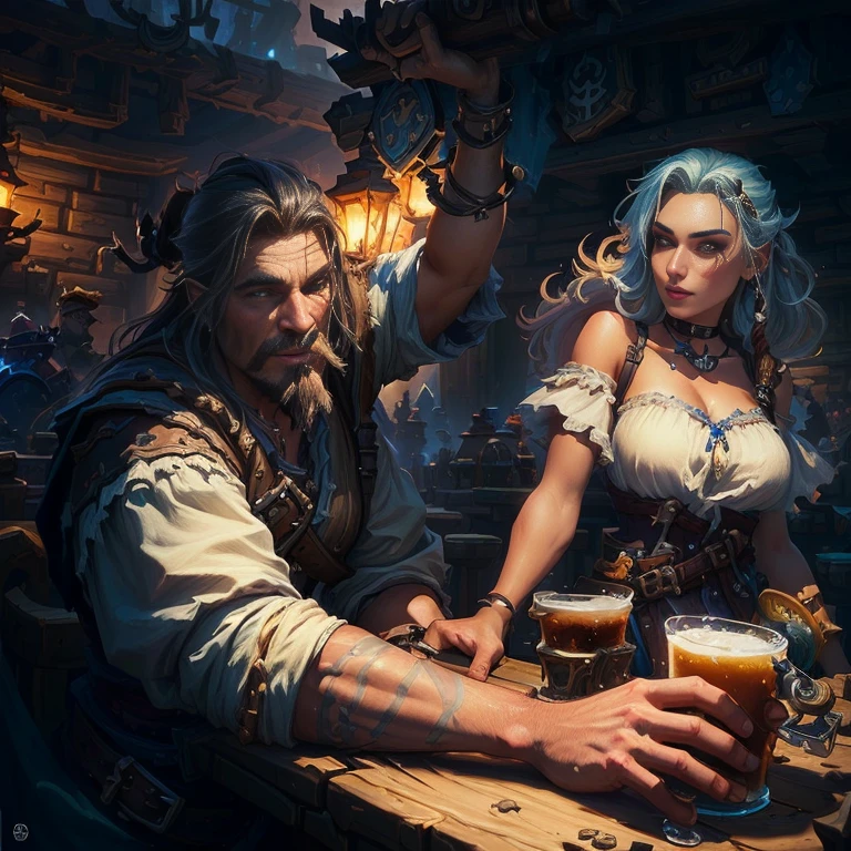 Pirate and woman drinking beer at a bar, pirates in a Shoulder strap, Shoulder strap background, fantasy Shoulder strap background, Tyler Edlin Fantasy Art, Surreal d & d Fantasy Art, Shoulder strap, Hearthstone concept art, Hearthstone card artwork, Hearthstone Artwork, grog strongjaw, in a medieval Shoulder strap at night, Hearthstone card game artwork, Hearthstone Art, by Johannes Helgeson