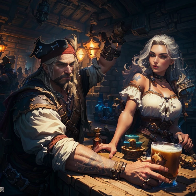 Pirate and woman drinking beer at a bar, pirates in a Shoulder strap, Shoulder strap background, fantasy Shoulder strap background, Tyler Edlin Fantasy Art, Surreal d & d Fantasy Art, Shoulder strap, Hearthstone concept art, Hearthstone card artwork, Hearthstone Artwork, grog strongjaw, in a medieval Shoulder strap at night, Hearthstone card game artwork, Hearthstone Art, by Johannes Helgeson