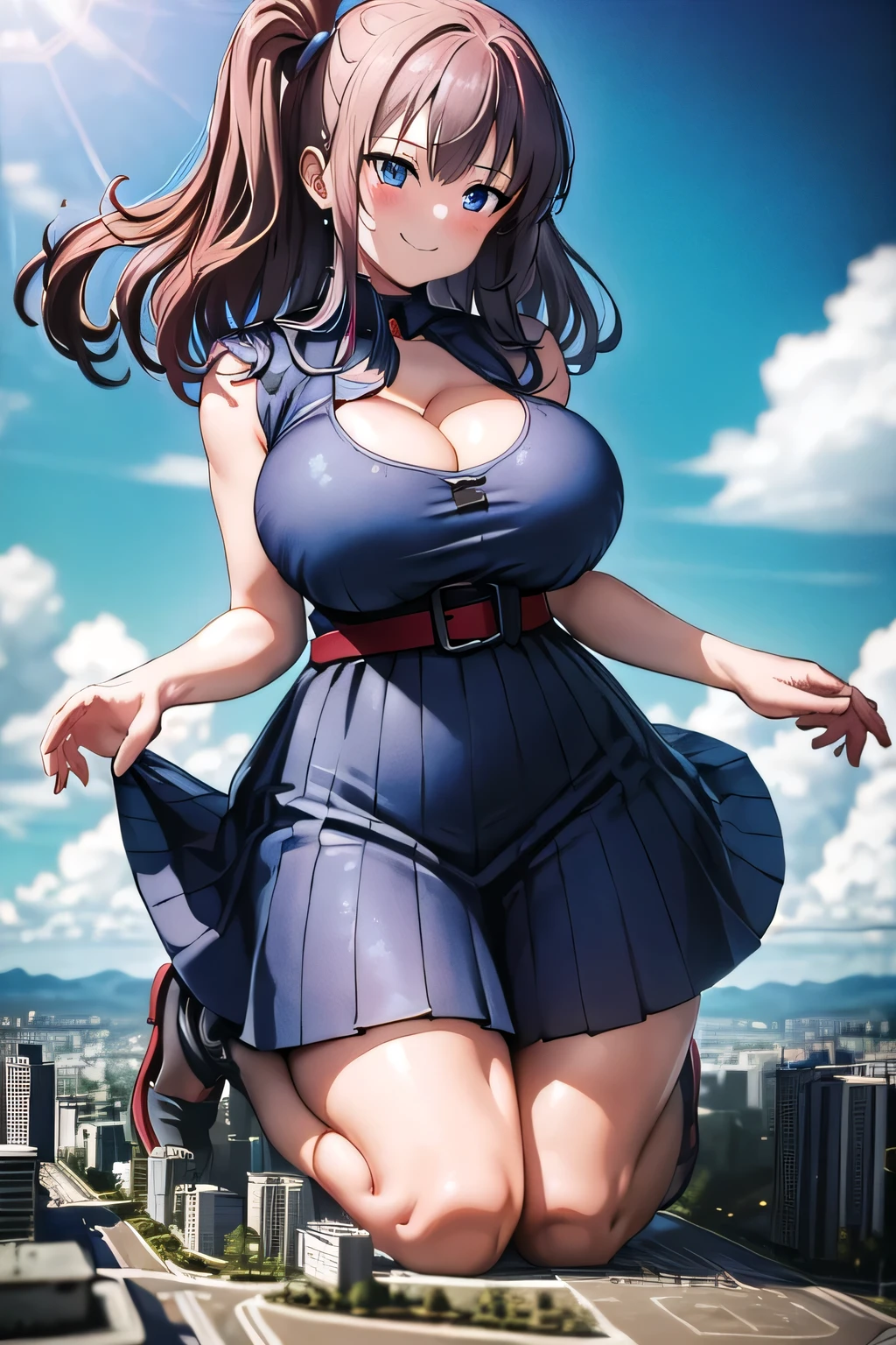 One female,kneeling,Woman looking down at viewer, ,Cleavage, ((hugebreast), fullbody,, panorama, anime, UHD,,Smiling face,,giantess,Poor physique,,city,microcity,