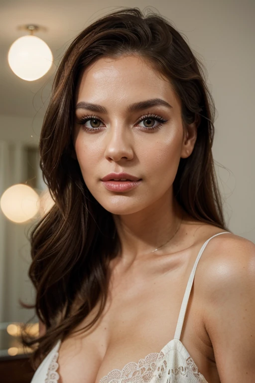 Attractive woman in her 30s, brown hair, influencer, russian, attractive lips, sexy eyes, realistic, 4k, simple make-up, aesthetic face