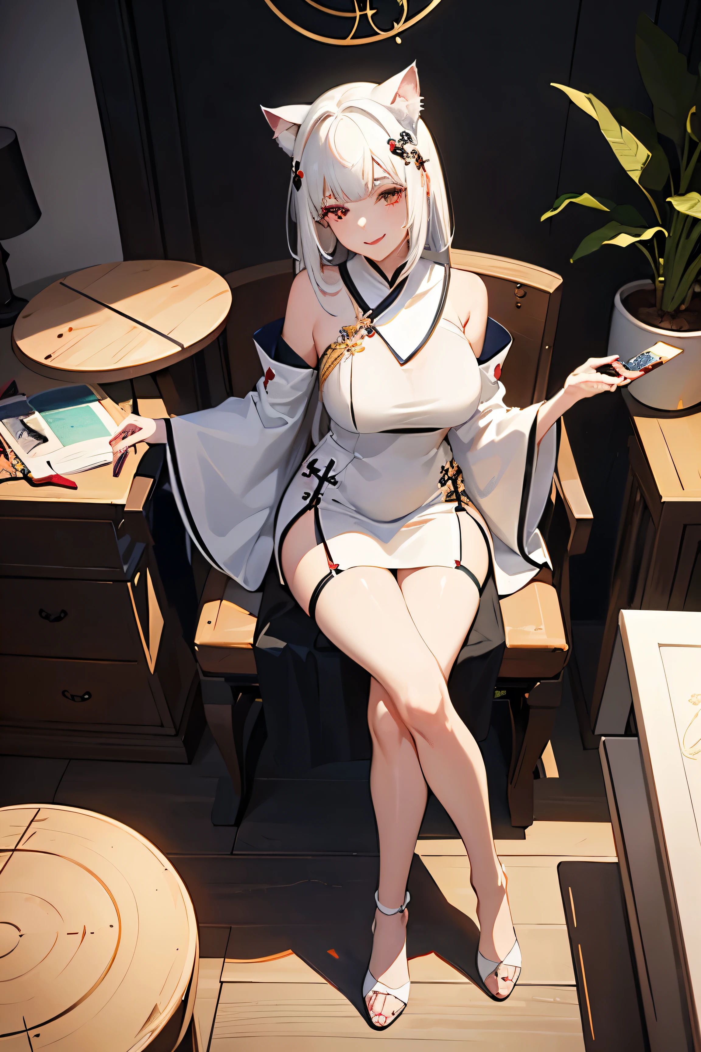 white hair, bangs, blunt bangs, cat hair ornament, mole under eye, cat ears, red lips, doyagao, smiley, seductive smile, anime style, anime, ray tracing, drop shadow, from outside, perspective, best quality,A beautiful girl sitting on a chair,Holding a fan in his hand,Huge ,Wearing a white cheongsam,Top view,You can see the whole body,Center the character,High heels on the feet