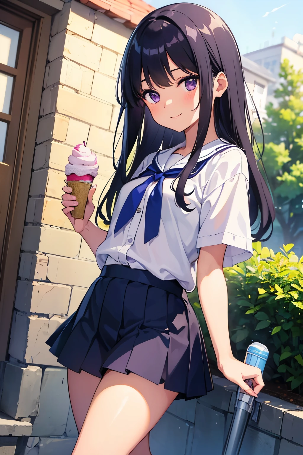 garden , 8 years old Flat chest, r, long hair, purple eyes smile White short-sleeved blouse Navy blue mini skirt White panties((I can see her panties)) White socks sneakers Holding ice cream in hand gardenのベンチに座っている Dynamic angle Low angle