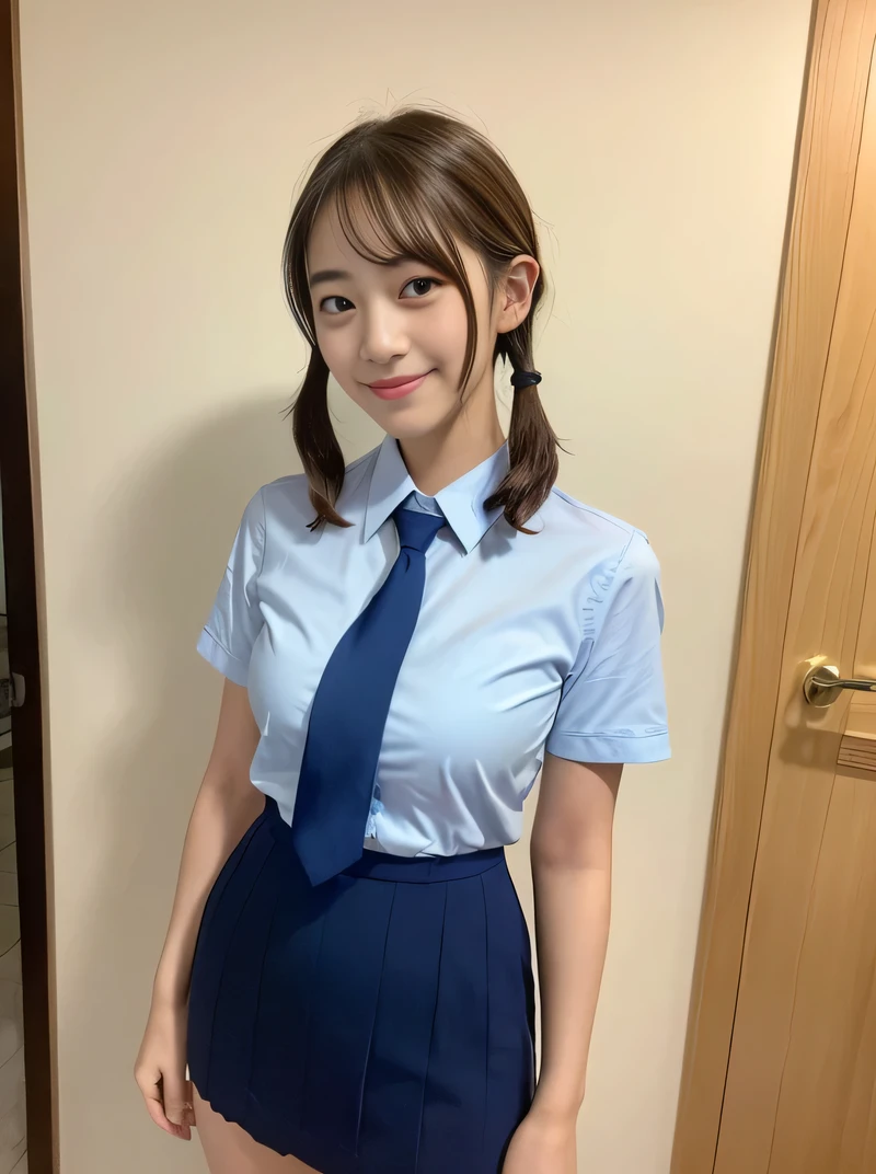 (highest quality、8k、32k、masterpiece、Hmph:1.2)、sexy、16 years old、Cute Japanese Women Photos、Twin tails、thin、slender、2 girls、(Bobcut)、(Small Tits)、double eyelid、 Navy blue open front shirt、Red tie、You can see her underwear faintly、Red mini skirt、Thighs、Light blue wall、whole body、smile、sexy