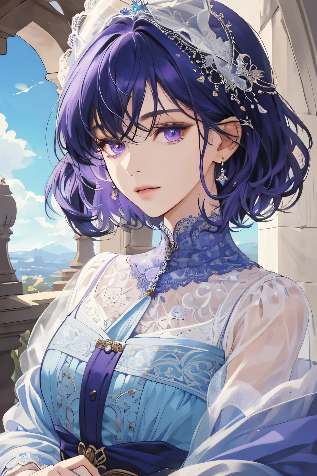 (extreamly delicate and beautiful:1.2), 8K,(masterpiece:1.0),(best_quality:1.0), 1 girl, and intricate detailing, Enlarged textures, and intricate detailing, finely eye and detailed face, and intricate detailing, purple blue curl short hair, (closed mouths), Perfect eyes, Equal eyes, purple eyes (A famale god) with classic blue sky yunani romawi, look at camera, look 50 years old,