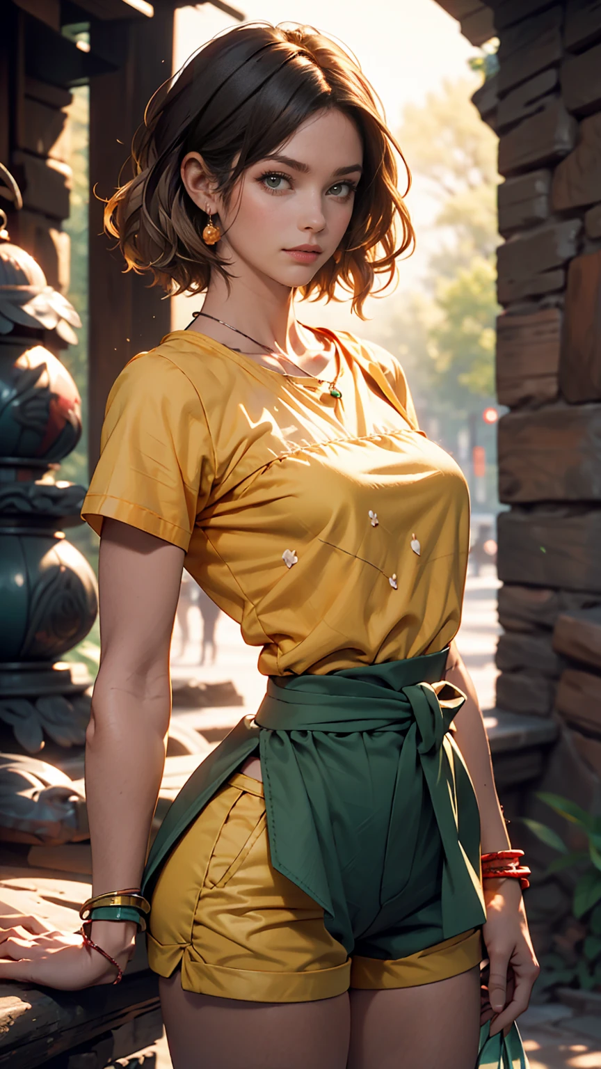 Bright shot: 1.3), epic realistic, Yellow Eyes, Girl Raider, (One Girl), Light grey opaque short sleeve top, Transparent fabric at waist, Wavy Hair 1.4, (Dark blue hair), short hair, Dark blue and orange color scheme, (Light green shorts), Badlands and canyons aesthetic!!! Remains, Soft cinematic light, Adobe Lightroom, Dark Room, High resolution, Complex, Green bracelet on arm, straps from red thrings over Transparent fabric at waist, Wear a thong under your shorts