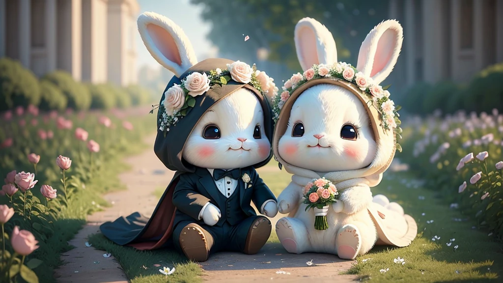 Write a picture of a cheerful and adorable rabbit, Two rabbits getting married A flower field spreads out before your eyes,I have a carrot in my hand,Surrounded by beautiful roses,Male in tuxedo,Female in wedding dress,