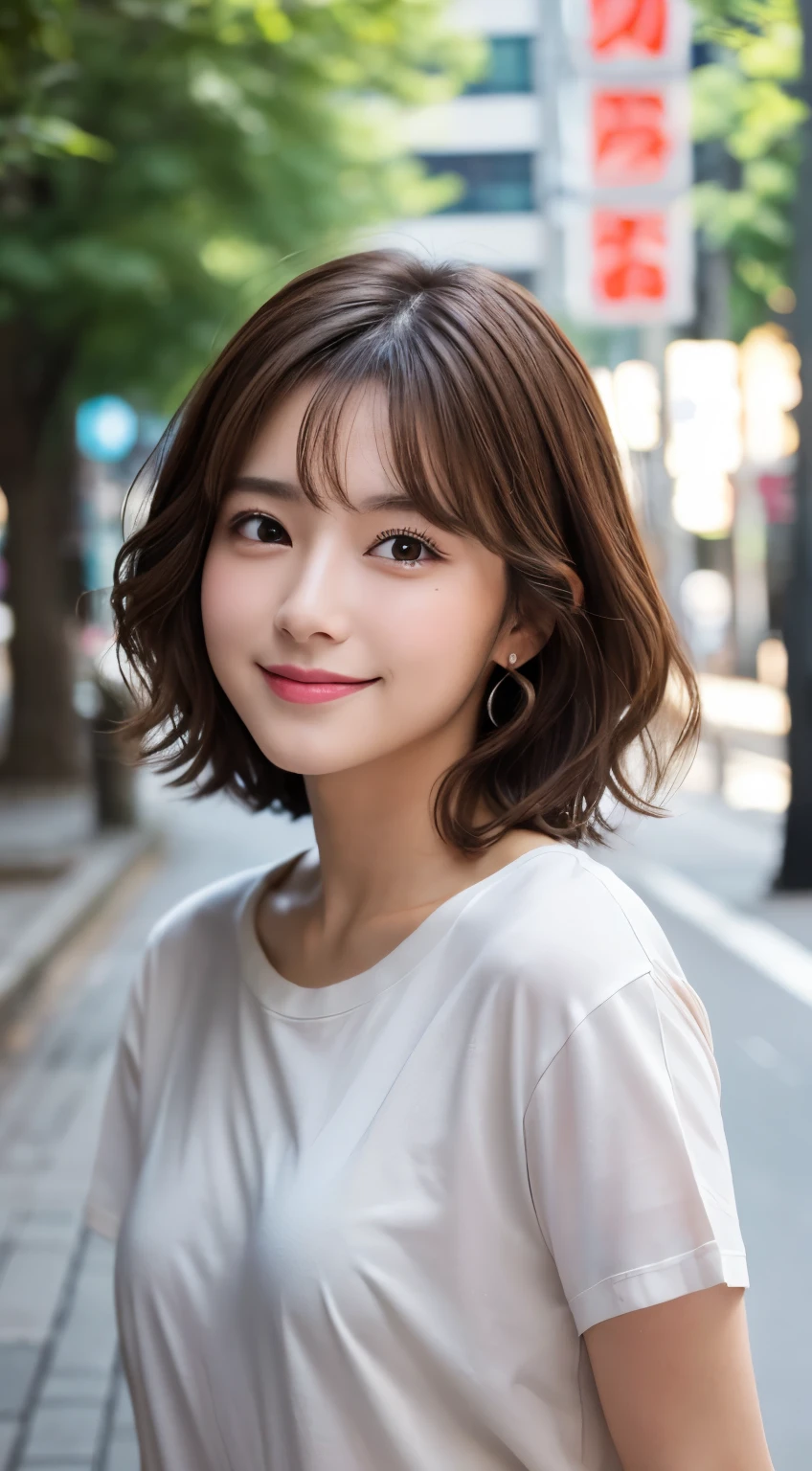 (highest quality,8K quality,masterpiece:1.3,),(超A high resolution:1.3,Photorealistic:1.4,Raw photo:1.2),(Ultra-detailed:1.2,Glowing Skin,Detailed skin:1.1),(Detailed face,Perfect Anatomy,Caustics:1.2), (Symmetrical eyes:1.3),1 girl,cute,Japanese,22 years old,Japanese Ido,Natural brown hair,Short hair curled outwards,cute目,Natural Makeup,Oversized T-shirt,Laughter,Looking at the camera,On the face,Face Focus,Street Corner,Professional Writing,Natural soft light,