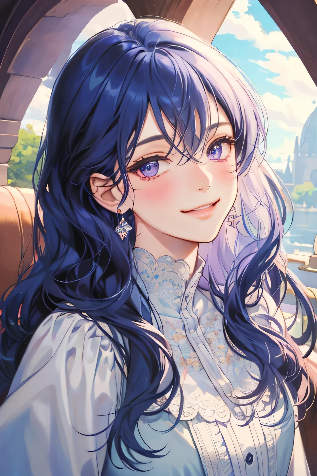 (extreamly delicate and beautiful:1.2), 8K,(masterpiece:1.0),(best_quality:1.0), 1 girl, and intricate detailing, Enlarged textures, and intricate detailing, finely eye and detailed face, and intricate detailing, blue curl long hair, (smirk mouths), Perfect eyes, Equal eyes, purple eyes (A famale god) with classic blue sky yunani romawi, look at camera, look 50 years old, blush