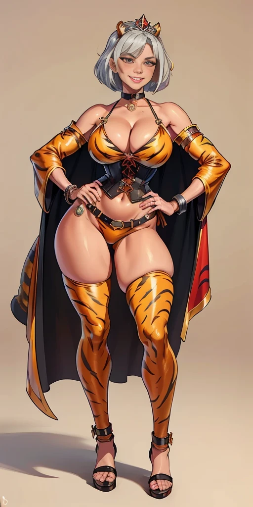((Masterpiece plain background,1:2, masterpiece)) full body MILF BIMBO standing with two long yellow tiger print stockings thighs and two high heels, red eyes, silver white hair, short bob style hair, big breasts, cleavage, separate sleeves yellow tiger print, tiara royal, long cape up to two feet, yellow tiger bikini print, hands on waist, navel, lustful smirking smiling, smile face (red blushed, red cheeks) metal shoulders, armbands, black leather choker slave collar, shackle bracelets, slave red crest, full body MILF BIMBO standing with two long thighs and two metal sandals, red eyes, silver white hair, short bob hair, big knockers, cleavage, separate sleeves, tiara royal, long cape up to two feet, yellow bikini, hands on hips, metal shoulders, armbands, black leather choker collar, shackles bracelets, slave red crest, pauldrons, breastplate, leather corset, full body, whole body, 1solo, loincloth standing, hands on hips, metal sandals, choker, big belt, view from below, feet together, bracers, tiara, standing contrapposto straight symmetrical looking to viewer