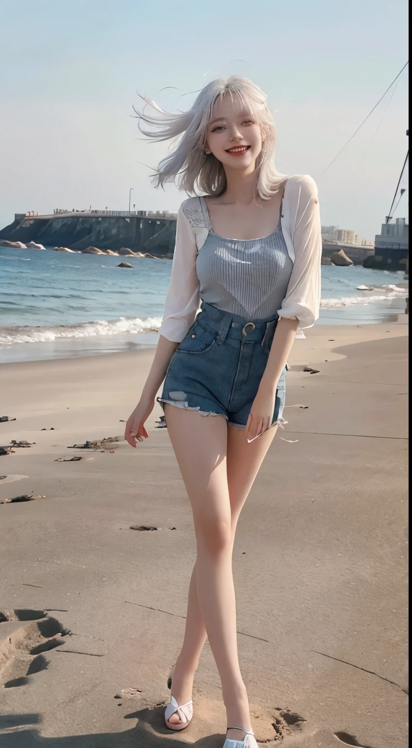 Best image quality、RAW Photos、超A high resolution、21 years old Korean、Small breasts、Dynamic Angle、Cowboy Shot、Chaos in its most beautiful form、elegant、Brutalist Design、Vibrant colors、Beautiful white hair、Short Bob、smile、fun、smile、Glowing White Skin、Beautiful eyes with random colors、Very thin lips、Beautiful eyes in every detail、length, Narrow eyes、Cheeks are pale pink、length eyelashes、Beautiful double eyelids、eye shadow、Bright white hair、Overalls、Sandy Beach、Shooting from the side、Full Body Shot、The wind is blowing