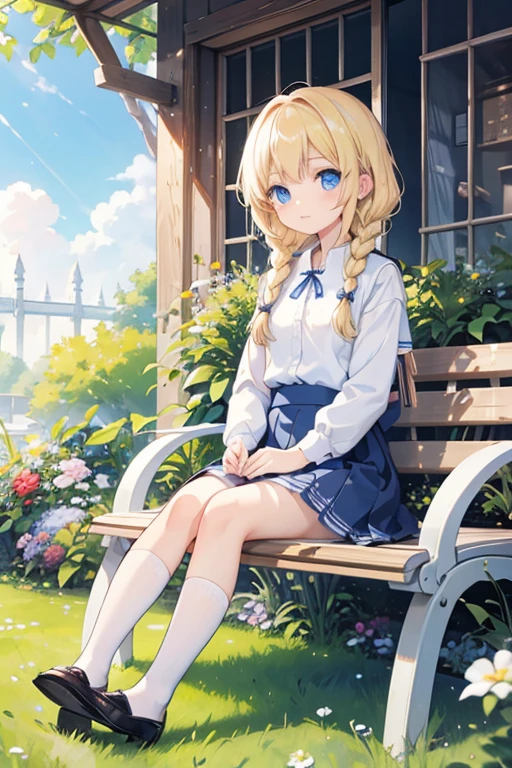 masterpiece, highest quality, High resolution, One 14-year-old girl、blue eyes、
Blonde,  Braid、uniform, White shirt, Skirt, Checked skirt, White underwear、garden、grass、bench、sit