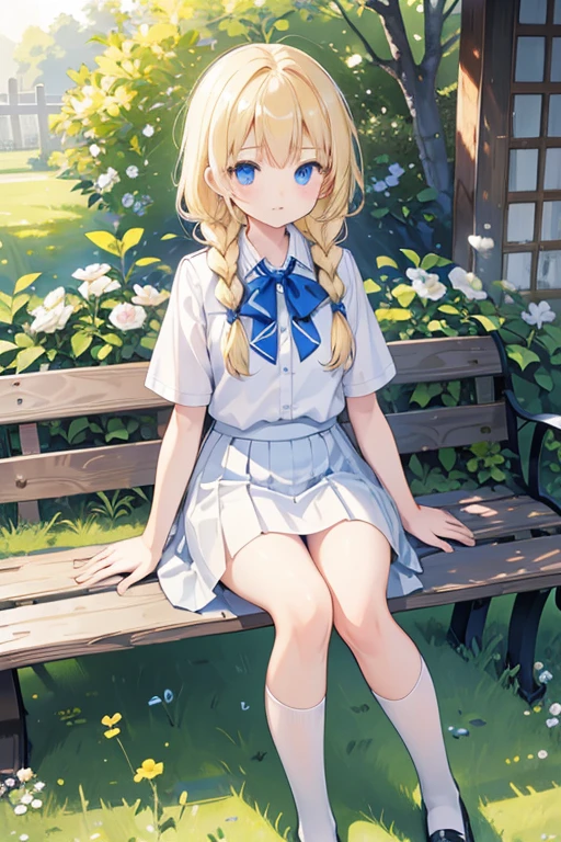 masterpiece, highest quality, High resolution, One -yeld giblue eyes、
Blonde,  Braid、uniform, White shirt, Skirt, Checked skirt, White underwear、garden、grass、bench、sit