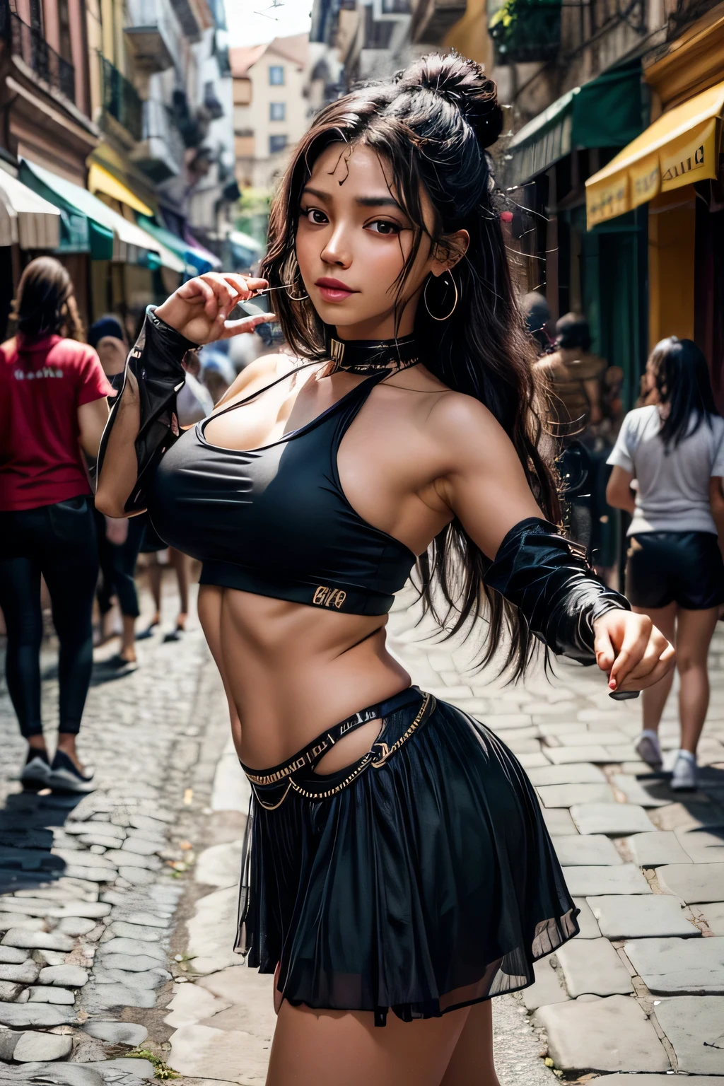 bellissima,1 girl dancing, joia, seios, ((dancing1.4)), Dancing in the street, salto alto, pele escura, pulseira, umbigo, brincos, foco apenas, tornozeleira, dark skinned female, barriga, blurry background, Cabelo longo, colar, blurry, decote, cabelo preto, saia, realista, umbigo piercing