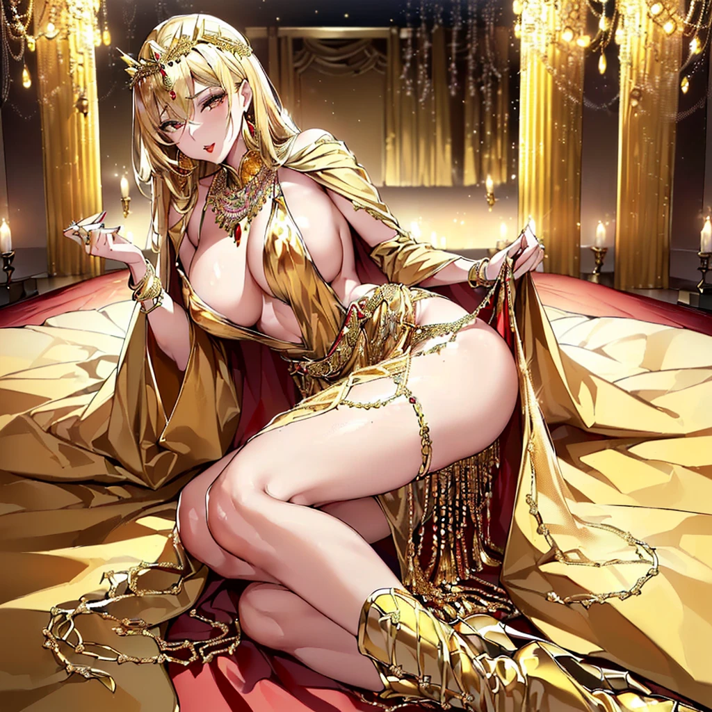 ((highest quality)), ((masterpiece)), (detailed), Perfect Face、(Yuuki Asuna)、(The woman has bright blonde hair)、((女は男と豪華寝室の豪華なベッド上でThe woman is wearing a long slit see-through dress with gorgeous gold embroidery, shiny gold boots, and gorgeous jewelry accessories such as jeweled earrings, necklaces, bracelets, and waist chains. She is also wearing a gold see-through skirt with an open front.で股を大きくM字開脚して男に抱きつき激しいセックスをする男は女に抱き付きチンコをマンコに入れて激しくセックスをして女のマンコに大量の精液を射精する))、((The woman is wearing a long slit see-through dress with gorgeous gold embroidery, shiny gold boots, and gorgeous jewelry accessories such as jeweled earrings, necklaces, bracelets, and waist chains. She is also wearing a gold see-through skirt with an open front.、A beautiful golden see-through cape with a gorgeous headdress chain))、、Men and women with gorgeous engagement rings、((The woman is wearing heavy makeup, including bright red lipstick and dark eyeshadow.))、The man gently strokes the woman's head with one hand.、The man is dressed luxuriously、((The man has a strong body and a big dick and balls))、(Woman looks happy)、(((The man is not wearing lipstick or makeup.)))、The man looks satisfied、