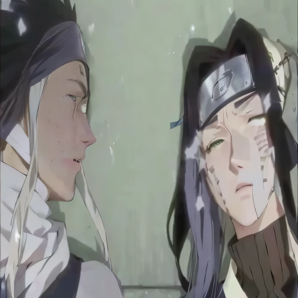 Two anime characters lying together, In the anime series《Naruto》middle,, Zabuza and Haku are from Naruto, Anime Screenshots, Zabuza is about to die and looks at the dead Bai,Moist eye sockets