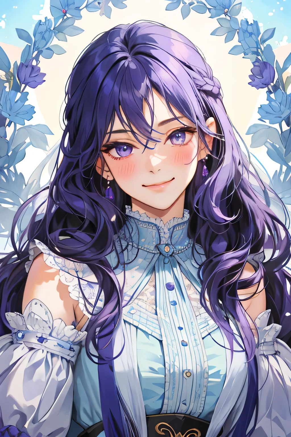 (extreamly delicate and beautiful:1.2), 8K,(masterpiece:1.0),(best_quality:1.0), 1 girl, and intricate detailing, Enlarged textures, and intricate detailing, finely eye and detailed face, and intricate detailing, purple blue curl long hair, (smirk mouths), Perfect eyes, Equal eyes, purple eyes (A famale god) with classic blue sky yunani romawi, look at camera, look 50 years old, blush