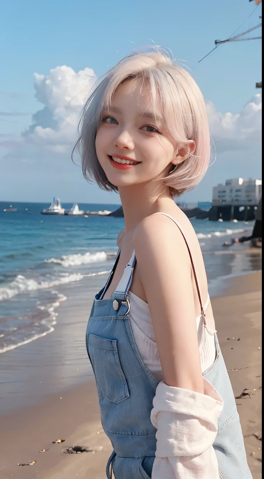 Best image quality、RAW Photos、超A high resolution、21 years old Korean、Small breasts、Dynamic Angle、Cowboy Shot、Chaos in its most beautiful form、elegant、Brutalist Design、Vibrant colors、Beautiful white hair、Short Bob、smile、fun、smile、Glowing White Skin、Beautiful eyes with random colors、Very thin lips、Beautiful eyes in every detail、length, Narrow eyes、Cheeks are pale pink、length eyelashes、Beautiful double eyelids、eye shadow、Bright white hair、Overalls、Sandy Beach、Shooting from the side、Full Body Shot、The wind is blowing