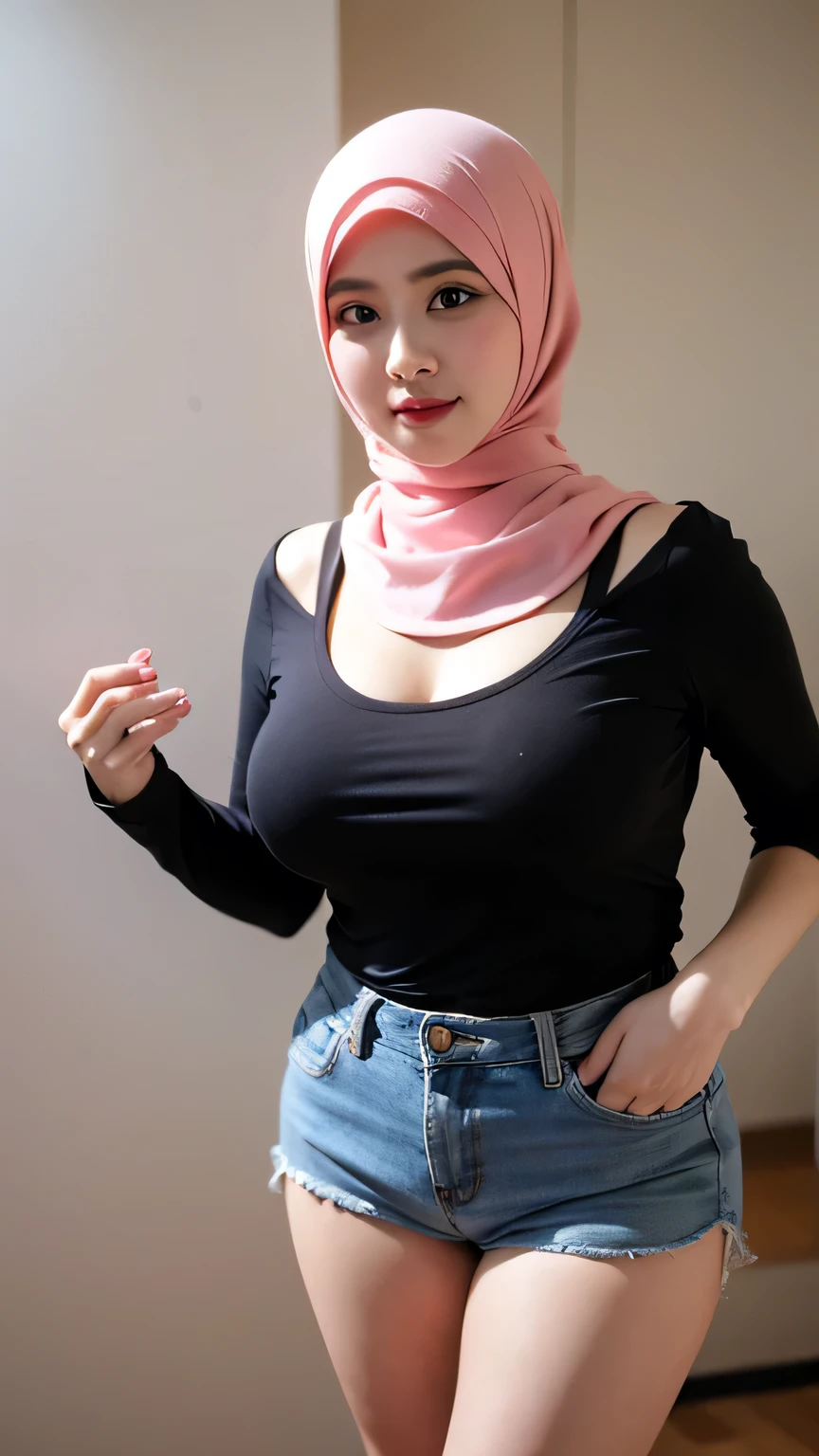 A beauty Malay woman with hijab, short dress, big breast, hot pants, cute girl, mature and plump, plump woman, clean and smooth pics, all star, high quality, best quality, good vibes, nice look,