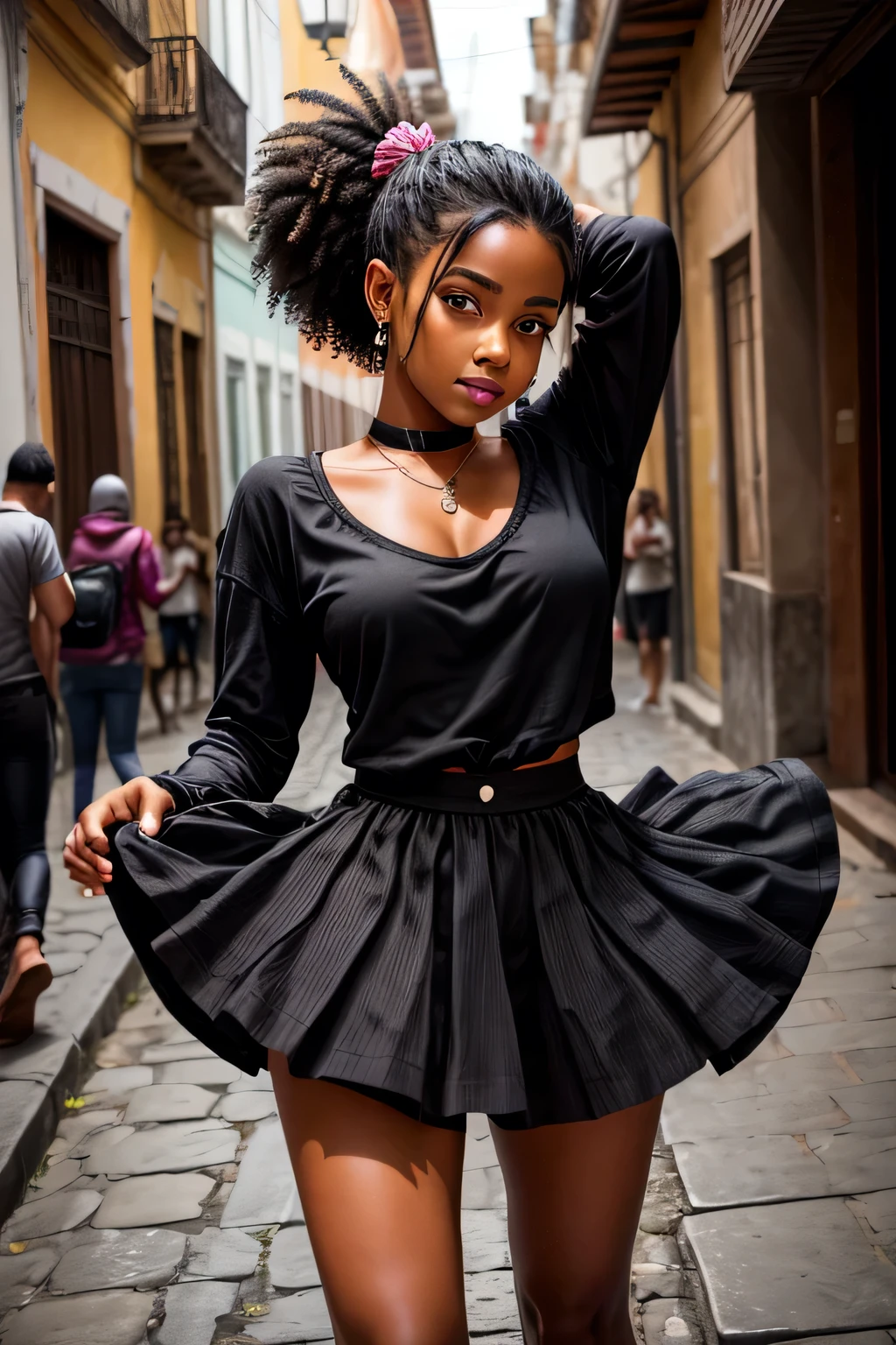 bellissima,1 girl dancing, joia, seios, ((dancing1.4)), Dancing in the street, salto alto, pele escura, pulseira, umbigo, brincos, foco apenas, tornozeleira, dark skinned female, barriga, blurry background, Cabelo longo, colar, blurry, decote, cabelo preto, saia, realista, umbigo piercing