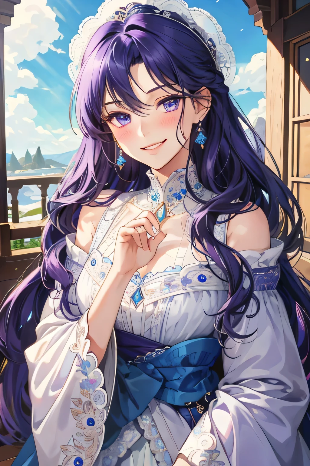 (extreamly delicate and beautiful:1.2), 8K,(masterpiece:1.0),(best_quality:1.0), 1 girl, and intricate detailing, Enlarged textures, and intricate detailing, finely eye and detailed face, and intricate detailing, purple blue curl long hair, (smirk mouths), Perfect eyes, Equal eyes, purple eyes (A famale god) with classic blue sky yunani romawi, look at camera, look 50 years old, blush